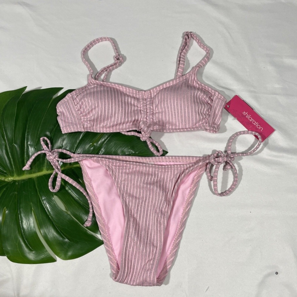 NWT $38 Xhilaration Metallic Ribbed Cinched Bikini Top‎ + Bottom [ XS ]